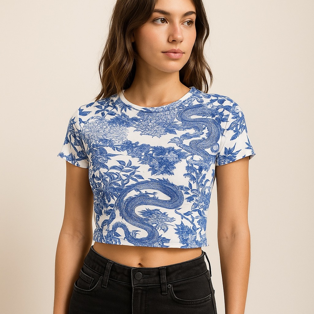 Castro Blue Dragon Cropped Tee | Size S | Y2K Tattoo Print